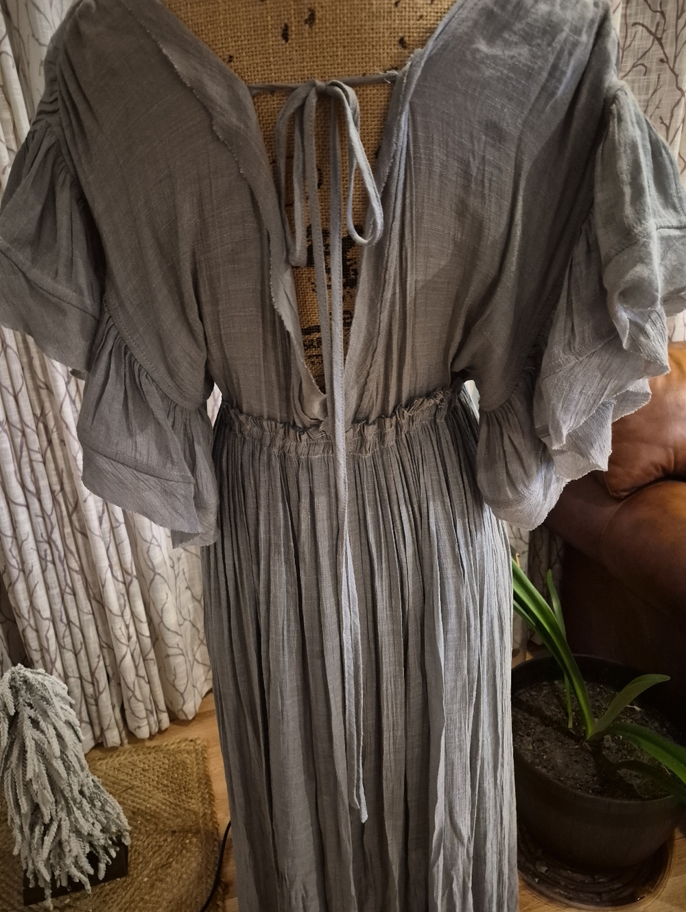 Boho Ruffle Sleeve Maxi Dress - Gray/Blue - Picture 4 of 8